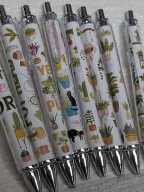 Plant Lover Themed Botanical Print Ballpoint Pens - Set Of 8 - Blank Ink